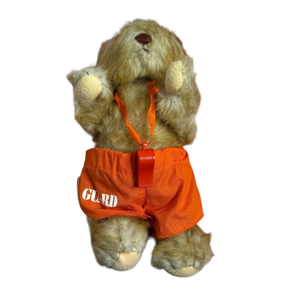 Vintage 1986 Gorham Lifeguard Teddy Bear Orange Swim Shorts Whistle Plush 12 in